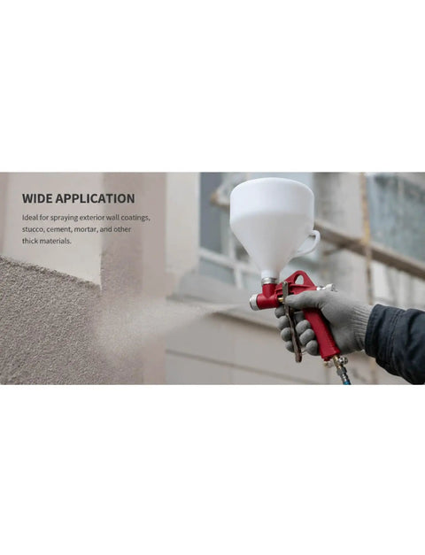 Top Tier Pro Hustle Pneumatic Mortar Sprayer Gun For Crushin Big Wall Plaster And Concrete Jobs With Steady Airflow And No Sweat Single Hand Operation Yellow spraying stucco on a wall.