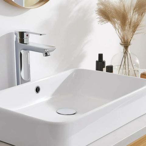 Solid Build Universal Pop Up Sink Drain Stopper With Overflow Chrome Finish Anti Clog Design For Kitchen And Bathroom Sinks in white sink.