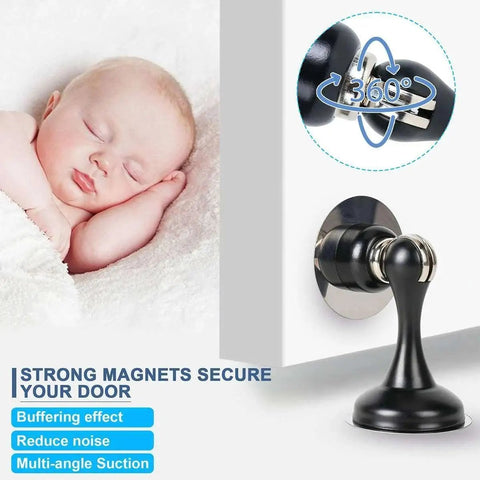 Solid Two Pack Black Magnetic Door Stop With Mounting Screws Holds Doors Tight And Catches Slamming Noise With Built In Spring Cushion For Easy Install, showing a 360-degree rotating design.
