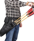 Man wearing Three Tube Hip Quiver Waist Pack For Archery With Adjustable Belt Arrow Carrier With Pockets Black Oxford Fabric