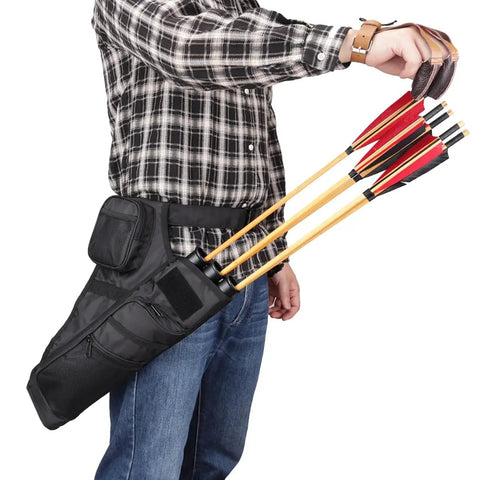Man wearing Three Tube Hip Quiver Waist Pack For Archery With Adjustable Belt Arrow Carrier With Pockets Black Oxford Fabric