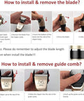 Instruction guide for blade and comb installation in All In One Dog And Cat Grooming Kit With Two Speed Rechargeable Cordless Clippers.