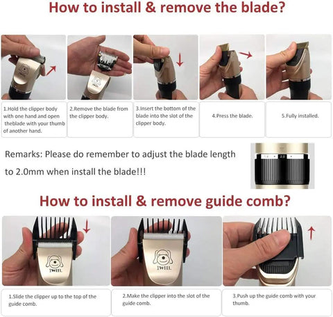 Instruction guide for blade and comb installation in All In One Dog And Cat Grooming Kit With Two Speed Rechargeable Cordless Clippers.