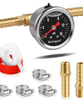 Dead Nuts Accurate Fuel Pressure Gauge Kit 0 To 15 Psi Glycerin Filled Dial With 1/8 Npt Thread Plus 3/8 And 5/16 Brass Barb Connectors.
