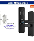 Tuya Wifi Smart Lock for Home and Apartment featuring sleek black design, mortise size 4585, and app control capability.