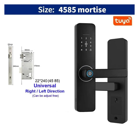 Tuya Wifi Smart Lock for Home and Apartment featuring sleek black design, mortise size 4585, and app control capability.