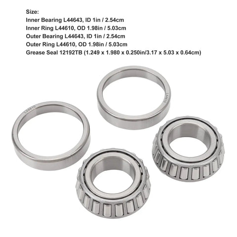 Heavy Duty Trailer Wheel Hub Bearings Kit 4 Piece Steel Alloy L44643 Inner Outer Bearings With Grease Seals Cotter Pins Washers For 1in 2000 To 2200 Lbs Trailer Axle with bearings and races displayed