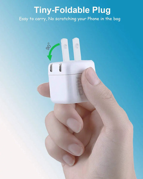 Hand holding Go To Universal Travel Adapter Charger Europe To USA Plug Converter for Phones Laptops with foldable prongs