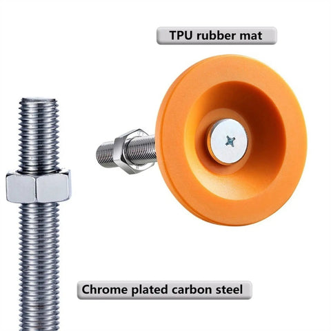 Beefy Heavy Duty Leveling Feet 4 Pack With Four Inch Carbon Steel Bolts For Rack Systems And Shop Equipment Fully Level Bumpy Outdoor Ground Rock Solid Rig Effortless Twist showing chrome plated carbon steel bolt and TPU rubber mat.