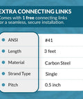 Product specifications of 41 Roller Chain Three Feet Long With Free Connecting Link Carbon Steel One Half Inch Pitch Single Strand 71 Links.