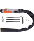 Heavy Duty Air Reciprocating File With Three Tungsten Burrs For Slick Deburring And Fast Precision Cutting At 6300 SPM showing tool set with three tungsten files and air hose.