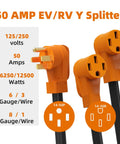Heavy Duty 50 Amp RV EV Power Splitter Adapter Cord Transforms Single NEMA 14-50P Plug Into Dual 14-50R Outlets For Simultaneous Generator And Camper Charging No Drama Tailgate Ready Setup, showing Y splitter with specifications.