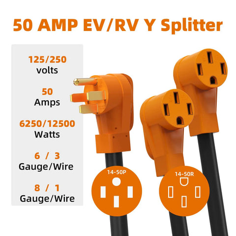Heavy Duty 50 Amp RV EV Power Splitter Adapter Cord Transforms Single NEMA 14-50P Plug Into Dual 14-50R Outlets For Simultaneous Generator And Camper Charging No Drama Tailgate Ready Setup, showing Y splitter with specifications.