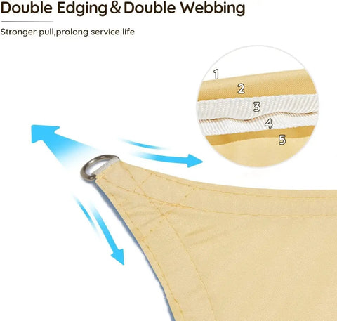 Close-up of Outdoor Shade Sail 185GSM Polyester Fabric With 98 Percent UV Block Waterproof Sun Shelter corner detail showing double webbing.