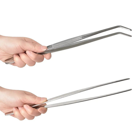 12 Inch Long Stainless Steel Tweezers And Nippers Set With Straight And Curved Tips Held In Hand, Serrated Jaws Visible