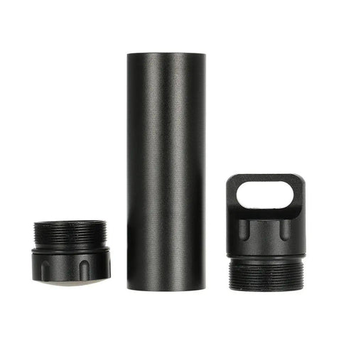 Portable Survival Waterproof Pill Container For Outdoor EDC Gear, CNC machined aluminum bottle; disassembled view with lid and cap