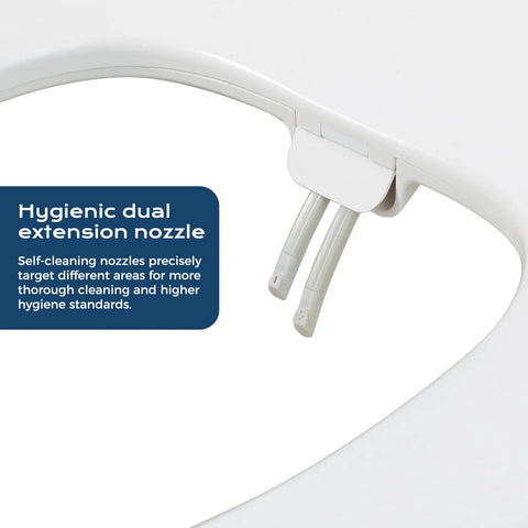 Close-up of hygienic dual extension nozzle on White Elongated Bidet Toilet Seat With Soft Close Lid dual front wash nozzles.