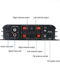Back panel view of 4 Channel Bluetooth 5.0 HiFi Power Amplifier With 50W Per Channel And 1200W Max For Home Theater Karaoke And Car Audio USB SD FM Receiver Class D With Remote And Power Adapter showing audio and power inputs.