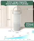 Portable Breast Milk Chiller With Digital Temp Display 22 Oz shows dimensions and capacity for storing milk fresh for busy moms.
