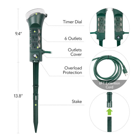 Heavy Duty Outdoor Power Stake Timer With Six Grounded Outlets And Six Foot Cord Weatherproof Mechanical Dial, showing 6 outlets and timer dial.