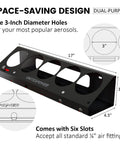 Multipurpose Wall Mounted Spray Can And Air Tool Organizer Rack with five can slots and six tool holders, dimensions labeled.