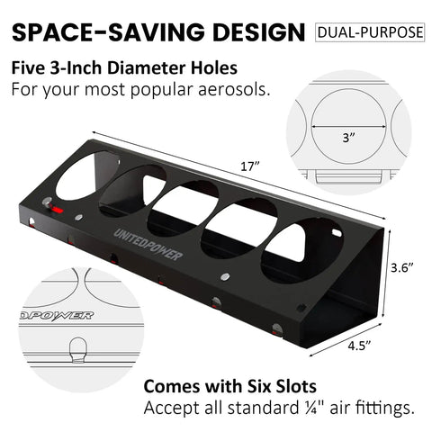 Multipurpose Wall Mounted Spray Can And Air Tool Organizer Rack with five can slots and six tool holders, dimensions labeled.