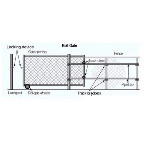 Diagram showing Rolling Gate Track Bracket For One Five Eighths Inch Fence Posts And One Five Eighths Inch Track Rail in use.