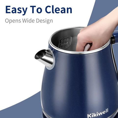 Stainless Steel Electric Kettle 1.8 Liter With Double Wall And Cool Touch Exterior shown in blue finish with wide opening
