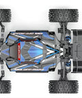 Top view of MJX Hyper GO 16207 1 By 16 Scale Brushless RC Buggy with detailed chassis and 4WD all-terrain capability.
