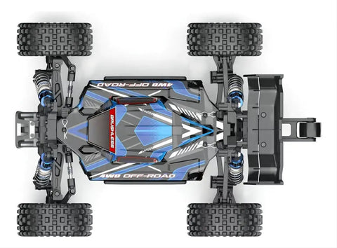 Top view of MJX Hyper GO 16207 1 By 16 Scale Brushless RC Buggy with detailed chassis and 4WD all-terrain capability.
