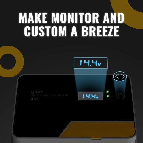 40A MPPT Solar Charge Controller With Remote App Control, Backlit LCD, displaying voltage, temperature sensor visible.