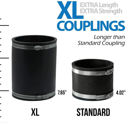 Comparison of XL 7.85" and standard 4.02" flexible pipe couplings, Extra Long 5 Inch Flexible Pipe Coupling For CI Plastic Steel To 5 Inch CI