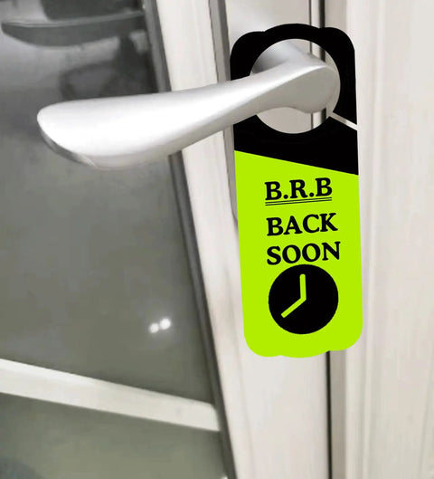 Office Door Hanger Sign Do Not Disturb Double Sided 3.5 x 9.5 Inches Ideal For Do Not Disturb In A Meeting Working From Home Out Of Office BRB Back Soon 8 Pack on door handle showing 'BRB Back Soon' message.