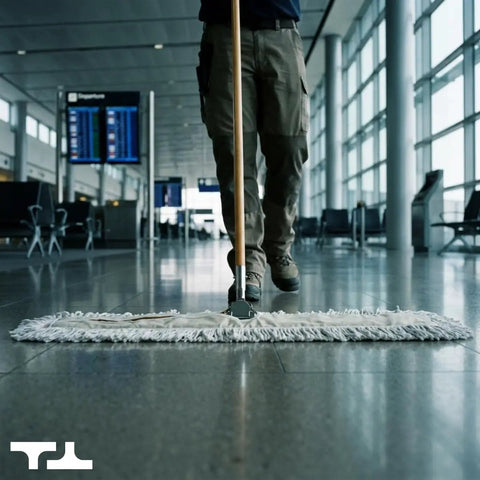 Person using Straight Up Heavy Duty 36 Inch Commercial Dust Mop And Floor Sweeper With Thick Cotton Head And Solid Wood Handle.