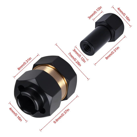 Brass Extended Wheel Hubs And 7Mm Hex Spacers Set For Axial SCX24 1 24 RC Crawler Upgrades Dope Quality With Locknuts And Wrench Tool 4 Piece Kit Compatible With Deadbolt Jeep C10 B17 Betty, showing dimensions and materials.