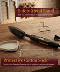 Edge Banding Iron With Digital Temperature Display For Precise Veneer Sealing Adjustable Heat Tool For Tacking 100 To 200 C 212 To 392 F Switchable Celsius Fahrenheit 110V VL01 shown with safety metal stand and protective cotton sock on a wooden workbench.
