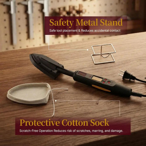 Edge Banding Iron With Digital Temperature Display For Precise Veneer Sealing Adjustable Heat Tool For Tacking 100 To 200 C 212 To 392 F Switchable Celsius Fahrenheit 110V VL01 shown with safety metal stand and protective cotton sock on a wooden workbench.