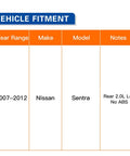 Vehicle fitment chart for Rear Wheel Hub And Bearing Assembly For Nissan Sentra 2007 2008 2009 2010 2011 2012 2.0L L4 No ABS