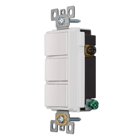Three-Rocker Bathroom Wall Switch For Exhaust Fan, Light, And Heater Control, White Knob, Fits Single-Gang Box, 120V 60Hz.