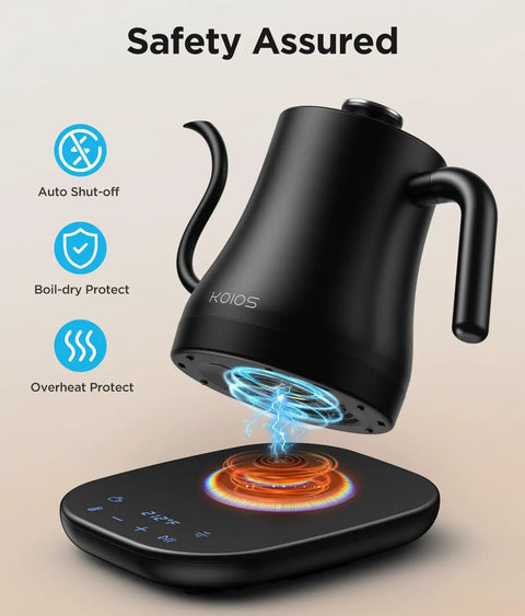Gooseneck Electric Kettle With Next Level Temperature Control And Mute Mode, 0.8L Pour Over Kettle boiling on a base