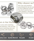 All In One 276 Piece Metric Hex Nut And Washer Kit With Seven Sizes M3 M4 M5 M6 M8 M10 M12 In 304 Stainless Steel displayed with hex nuts and washers.