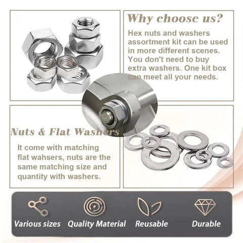 All In One 276 Piece Metric Hex Nut And Washer Kit With Seven Sizes M3 M4 M5 M6 M8 M10 M12 In 304 Stainless Steel displayed with hex nuts and washers.