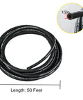 Hydraulic hose, 50 ft long, black rubber with 1/2 in ID and two-wire steel braid.