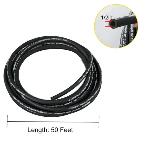 Hydraulic hose, 50 ft long, black rubber with 1/2 in ID and two-wire steel braid.