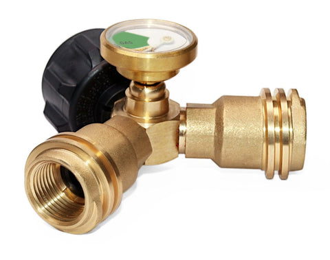 Propane Splitter Adapter With Gauge, 2 Way LP Gas Tee Connector For 20lb Tanks with solid brass construction and gauge