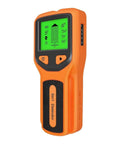 For Stud Finder Wall Scanner, 5-in-1, LCD Display, Center Finder, Backlit with green display and buttons.