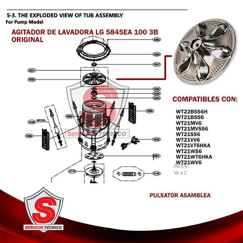 Exploded view diagram of pulsator plate and washplate assembly replacement for LG washing machines, OEM part durable build