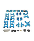 Premium Slick Metal Suspension Arm And Steering Cup Hub Carrier Plus Shock Tower Link Kit For Off Road Knockout Diy Upgrade Parts In Vibrant Blue Shine, showing various metal components and mounting hardware.