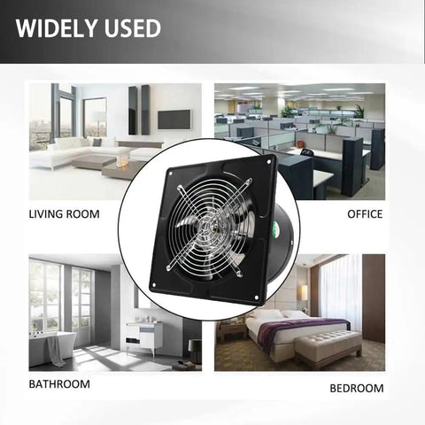8 Inch Exhaust Fan 735 CFM Wall Mounted Vent For Bathroom Attic Kitchen Window Basement 110V 80W Black Heavy Duty Shutter Fan For Home shown in various room uses including living room, office, bathroom, and bedroom.