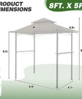 Dimensions of 8x5 Ft Outdoor Grill Gazebo With Double Roof Canopy And LED Lights, side shelves, brown steel frame for backyard.